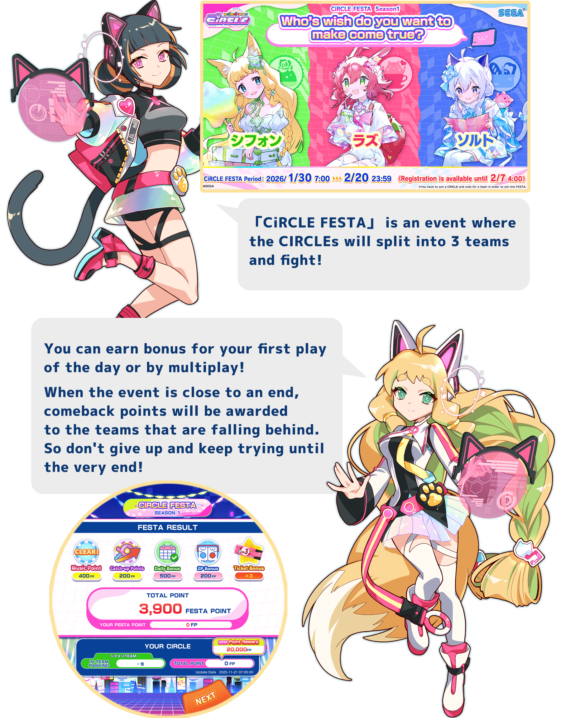 「CiRCLE FESTA」 is an event where the CIRCLEs will split into 3 teams and fight!
          You can earn bonus for your first play of the day or by multiplay!When the event is close to an end, comeback points will be awarded to the teams that are falling behind.So don't give up and keep trying until the very end!